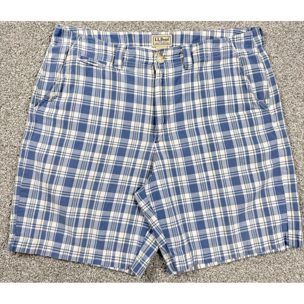 L.L.Bean Men's Shorts Size 34 Blue Plaid 100% Cotton Flat Front Casual Preppy